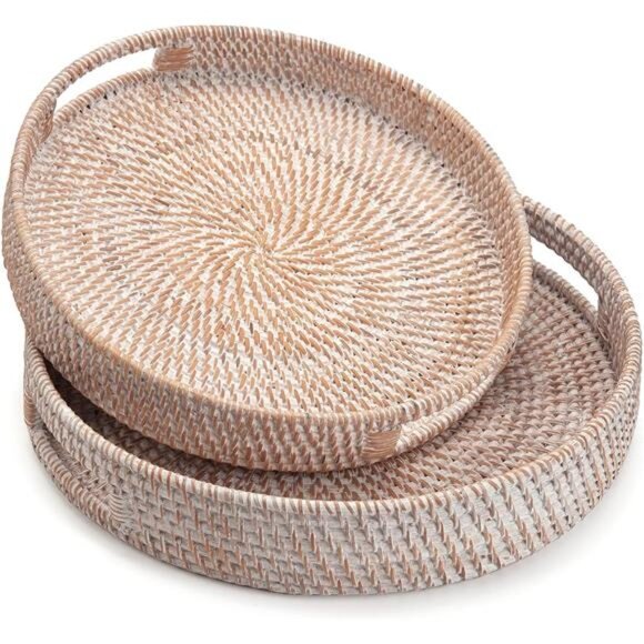 Coffee Table Tray Round Rattan Ottoman Tray Woven Serving Trays with Handles - Picture 5 of 8
